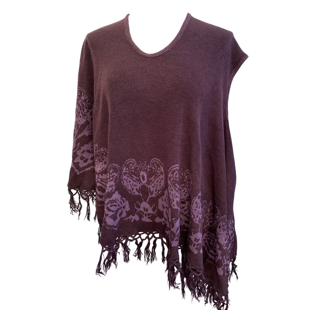 One Size Womens Eggplant Purple Sweater‎ Fringed Poncho One Arm Hole